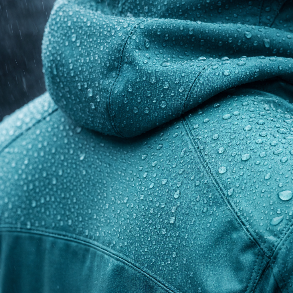 Close-up of blue waterproof jacket with water droplets beading on the fabric in the rain.