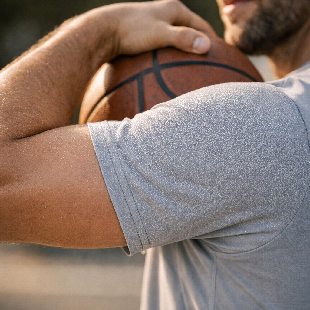 Man holding a basketball with a sweat-covered arm in a gray athletic shirt.