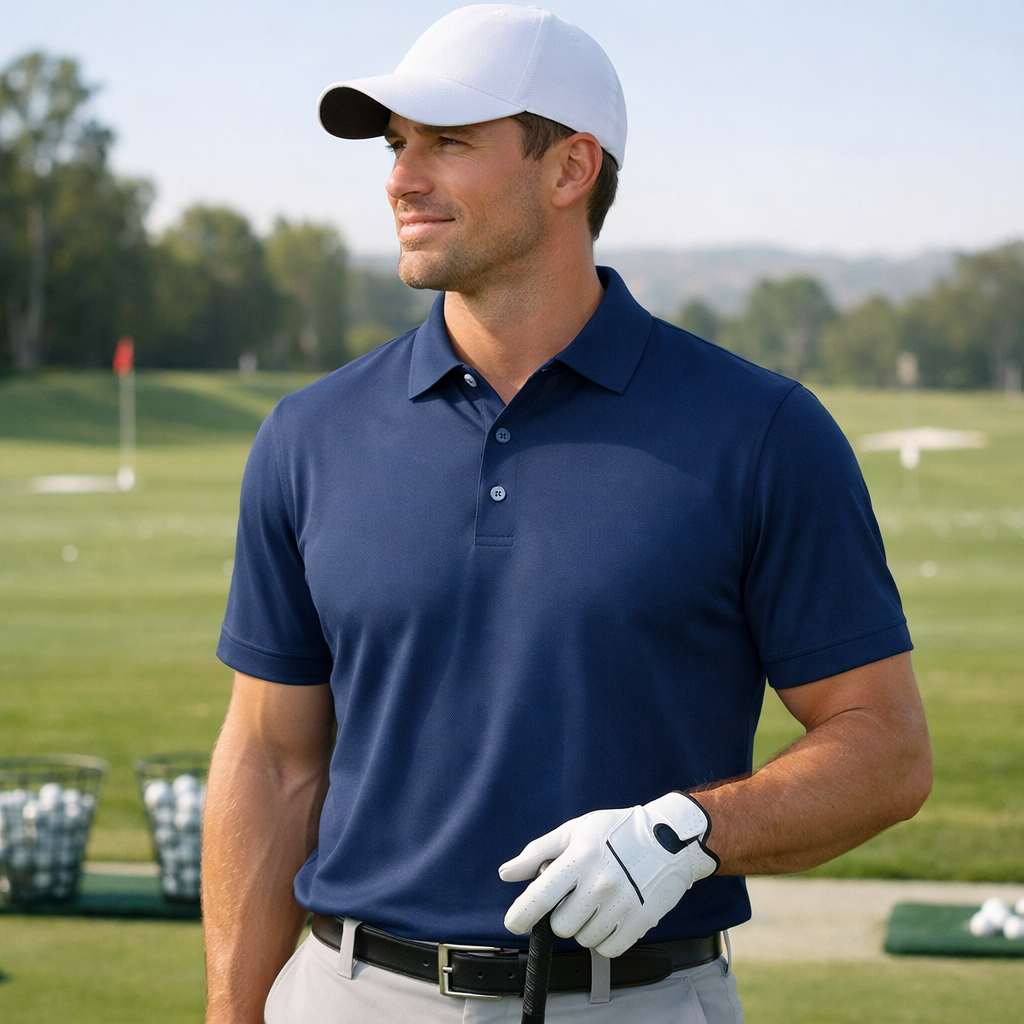 Man wearing navy blue polo shirt, white cap, and white golf glove standing on a golf course driving range.