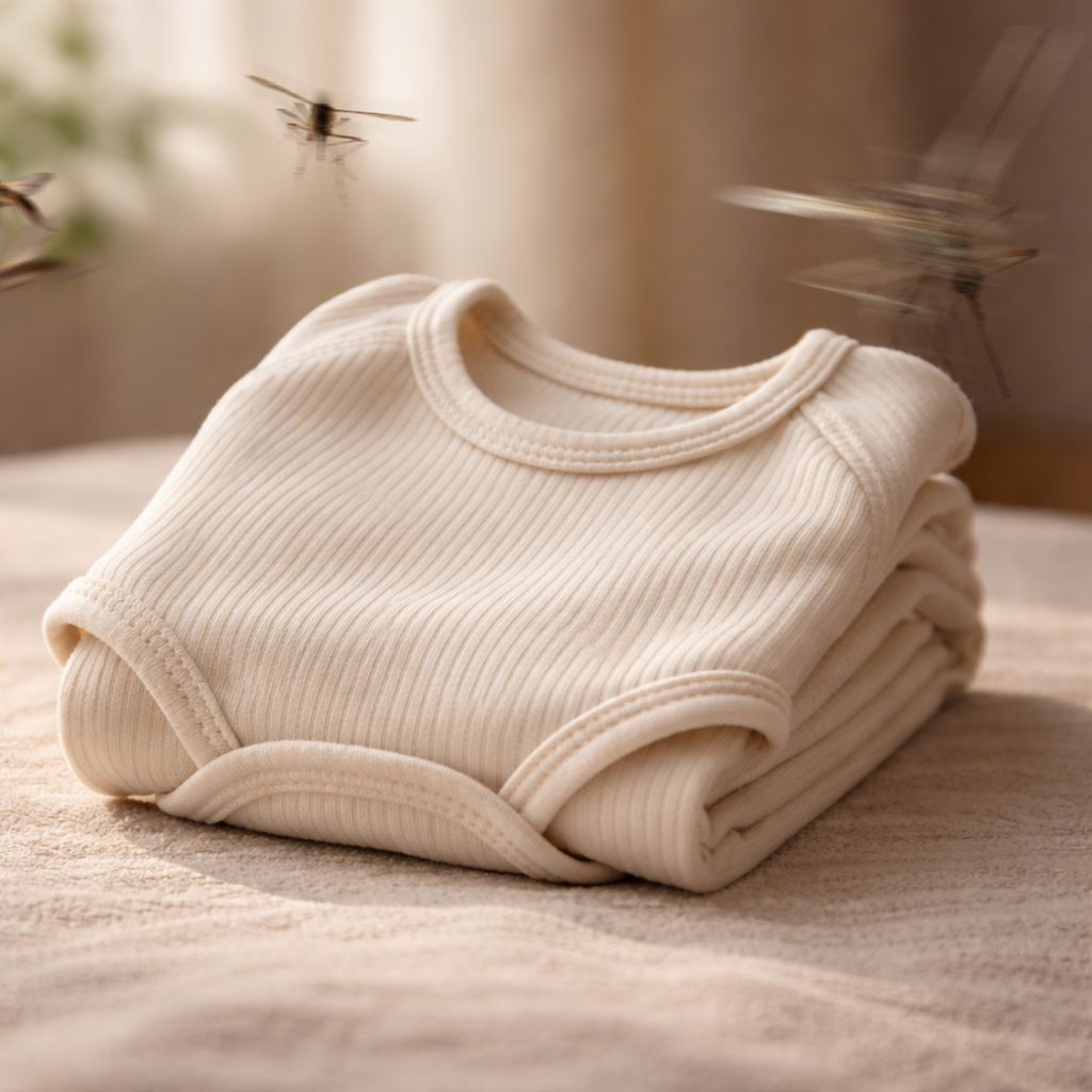 Folded beige ribbed baby onesie on a soft surface with several blurred mosquitoes flying around it.