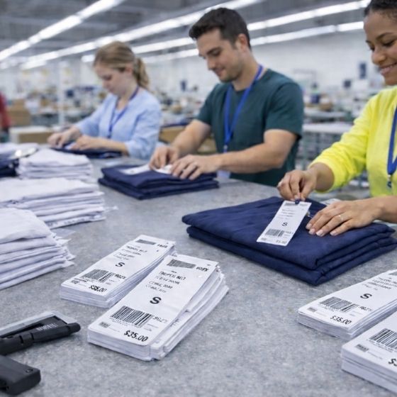 Three workers folding and tagging stacks of blue and white clothing items in a factory setting.
