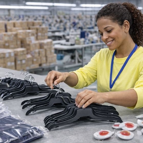 Smiling woman organizing black plastic hangers on a table in a warehouse with stacked boxes in the background.