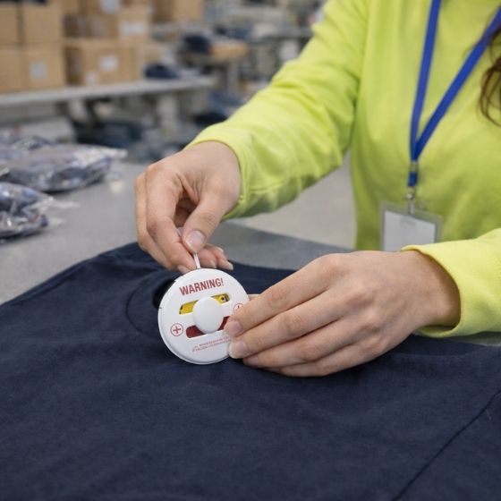 Person attaching a round security tag labeled 'WARNING!' to a dark blue t-shirt in a retail setting.