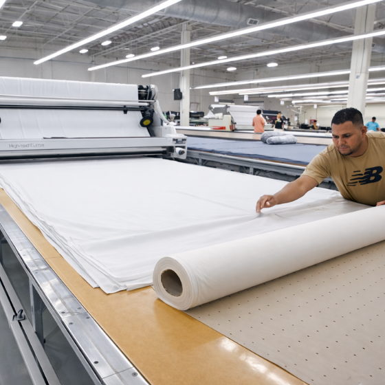 Worker handling a large roll of white fabric in a textile manufacturing facility with tables and machinery in the background.