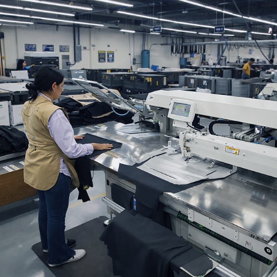 Woman operating an automated sewing machine stitching black fabric in a large industrial workshop.