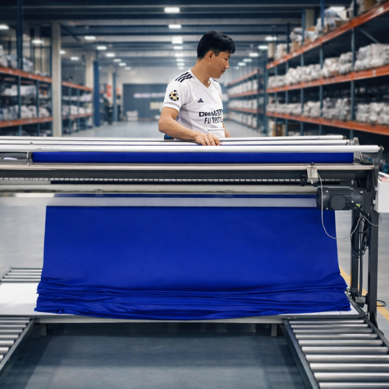 Man inspecting blue fabric on a large industrial textile machine in a spacious warehouse.