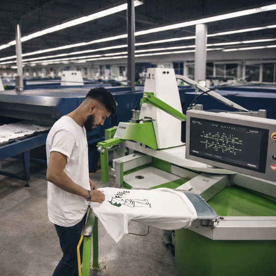 Worker in a white shirt operating a large industrial machine rolling blue fabric in a warehouse.