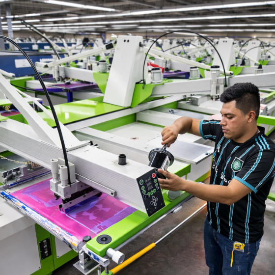 Worker operating automated fabric cutting machine in a large textile factory.