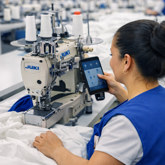 Man unrolling white fabric on a large cutting table in a textile manufacturing facility.