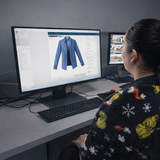 Worker inspecting a large roll of blue fabric in a spacious textile warehouse.