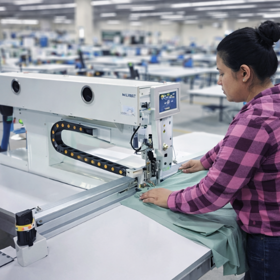 Woman in a purple checkered shirt operating a large sewing machine in a spacious garment factory.