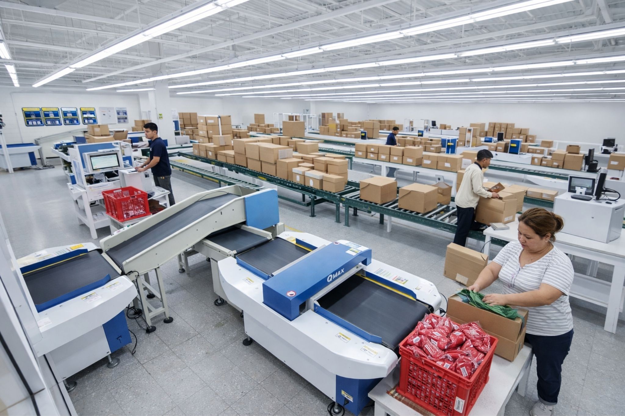 Smiling woman organizing black plastic hangers on a table in a warehouse with stacked boxes in the background.