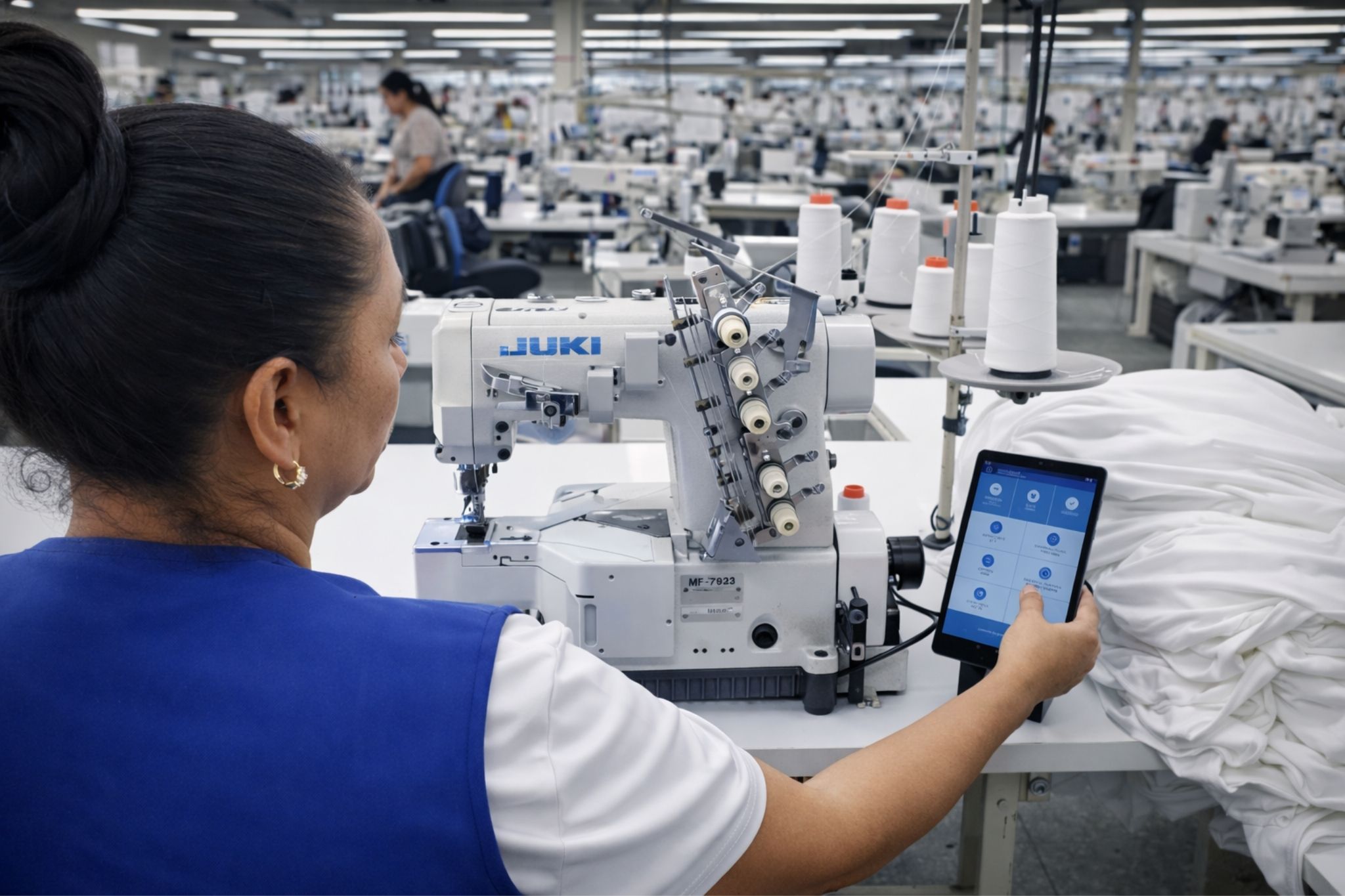 Smiling woman in blue shirt holding a white T-shirt on a hanger in a clothing store or warehouse.