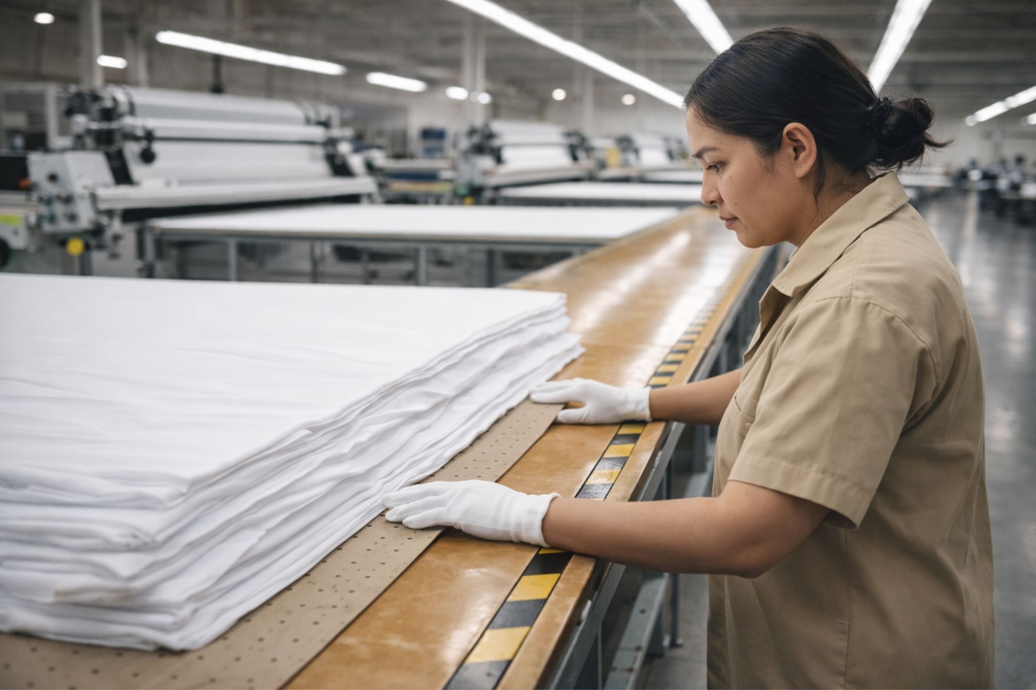 Workers sorting and handling cardboard boxes on conveyor belts in a large warehouse.