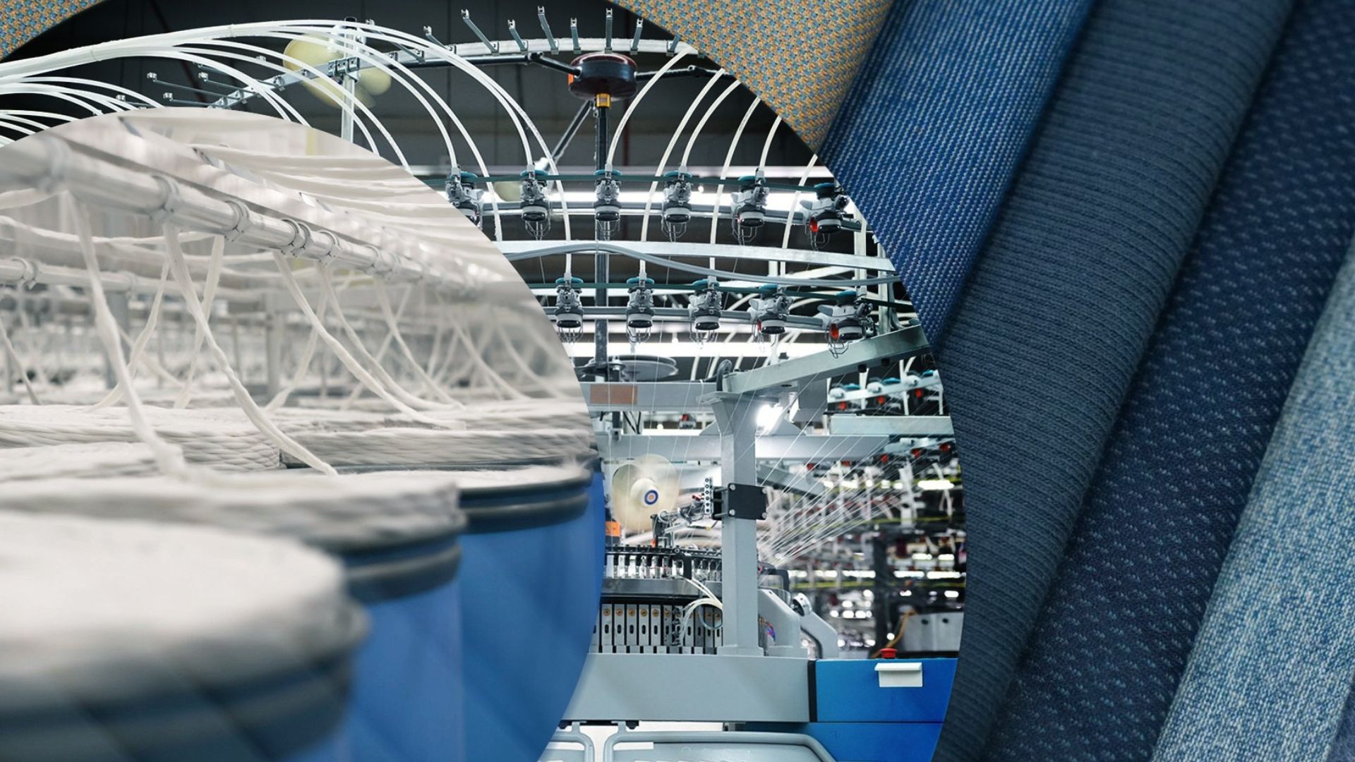 Industrial textile manufacturing machinery with spools of thread and close-up of knitted fabric.