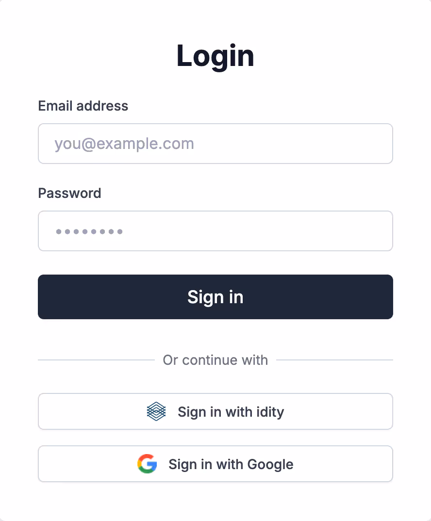 Traditional login card with idity single sign-on (SSO) button as an option.