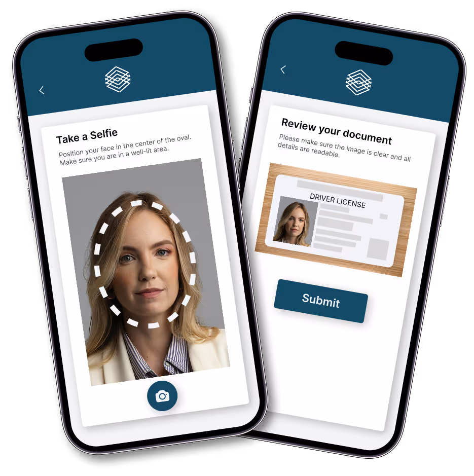 idity identity verification flow on mobile that includes ID document upload and taking a selfie.