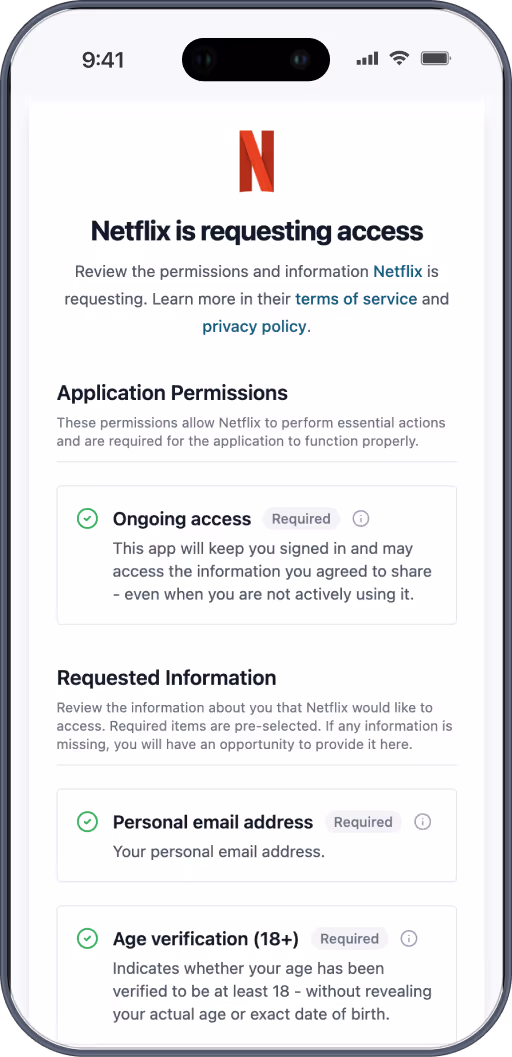 An iPhone with idity's consent screen where an app is asking a user for permissions.