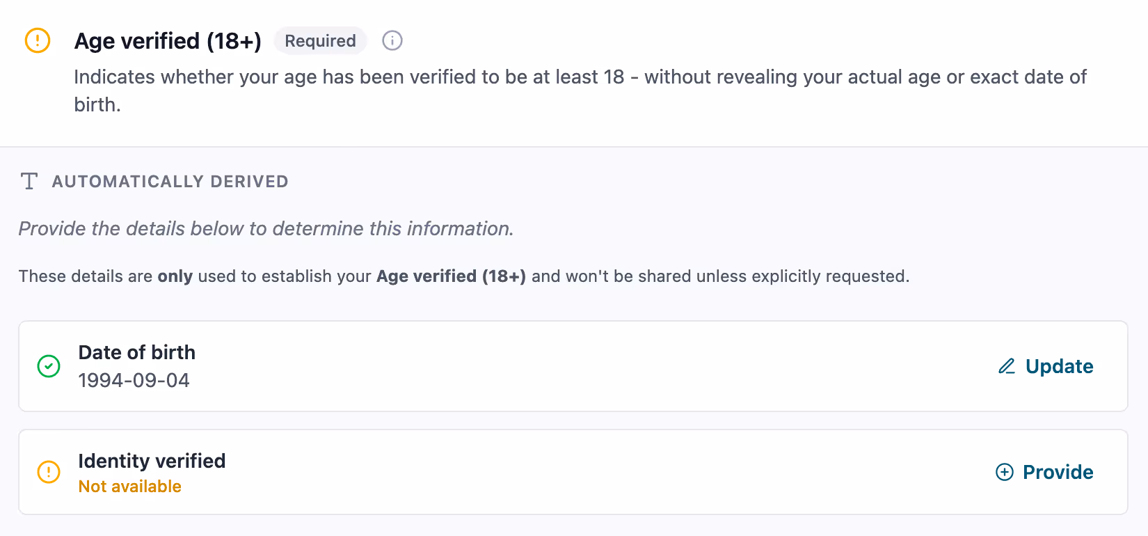 A single age verification (18+) claim from idity's consent page prompting users to provide additional data before giving consent.