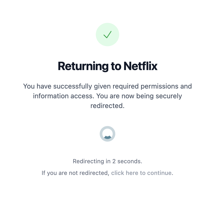 A card stating that the user has successfully given permissions and is not being securely redirected.