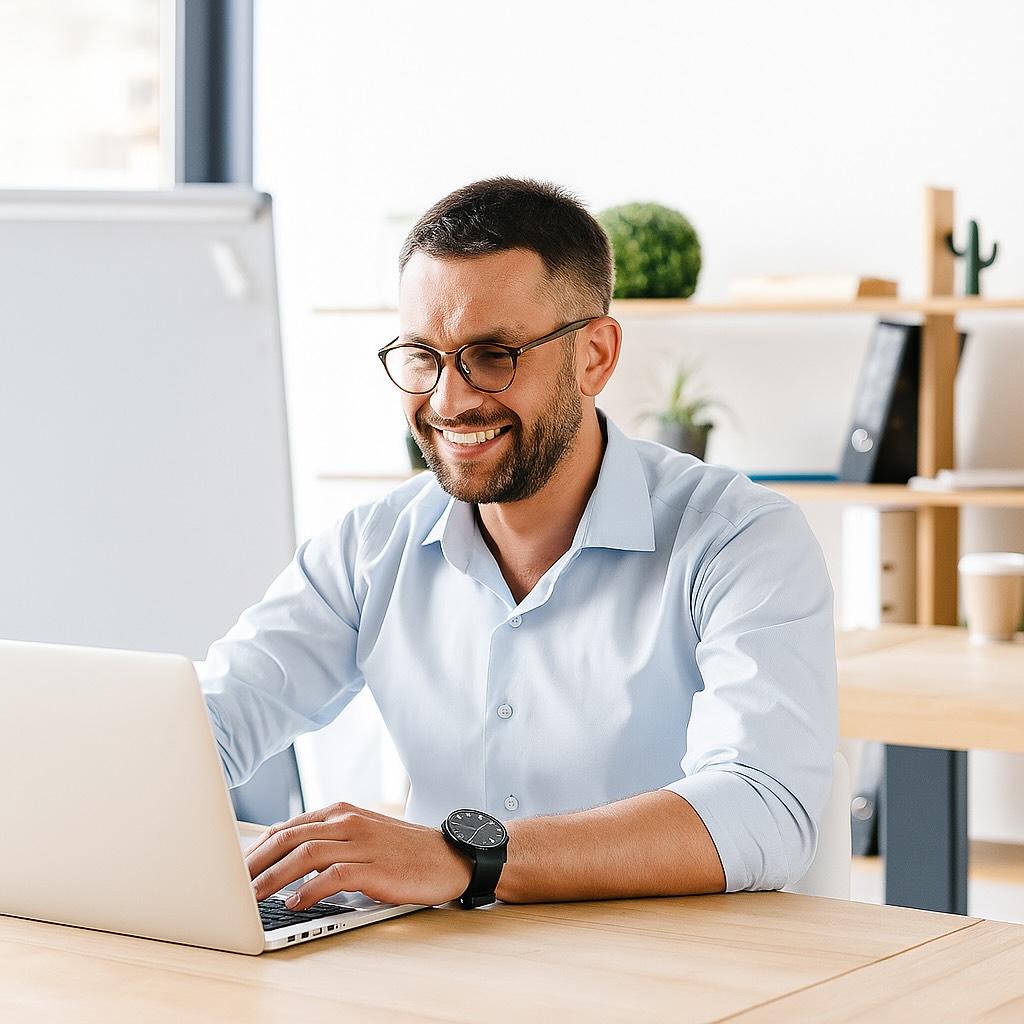 Man in glasses smiling while working on a laptop at a modern office desk.