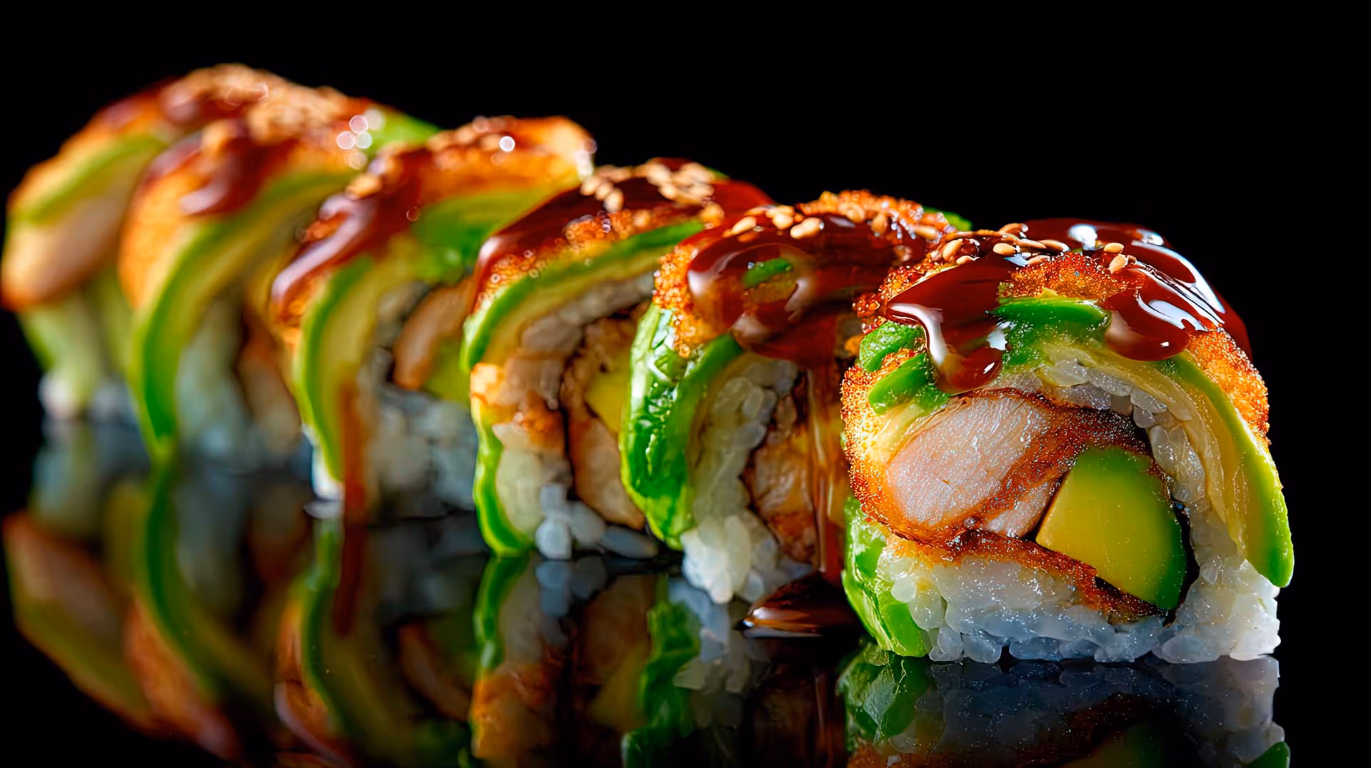 A sushi roll filled with meat, fresh vegetables, and drizzled with savory sauce on a white plate.