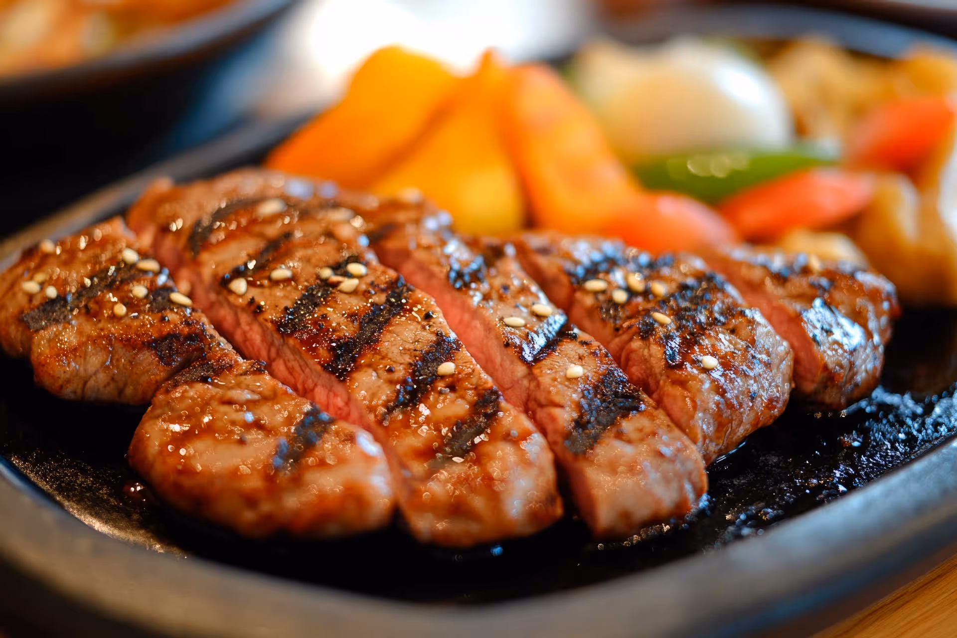 Grilled steak accompanied by colorful vegetables, presented on a sleek black plate.