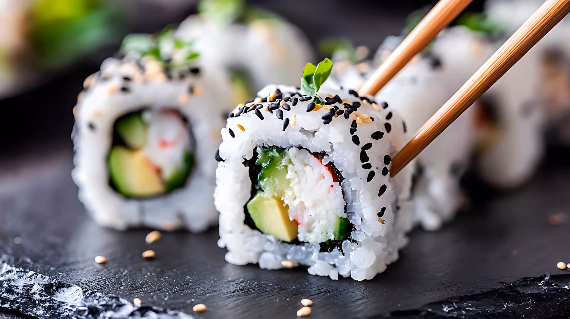 Sushi rolls arranged on a black slate, with chopsticks resting beside them, showcasing a vibrant and appetizing presentation.