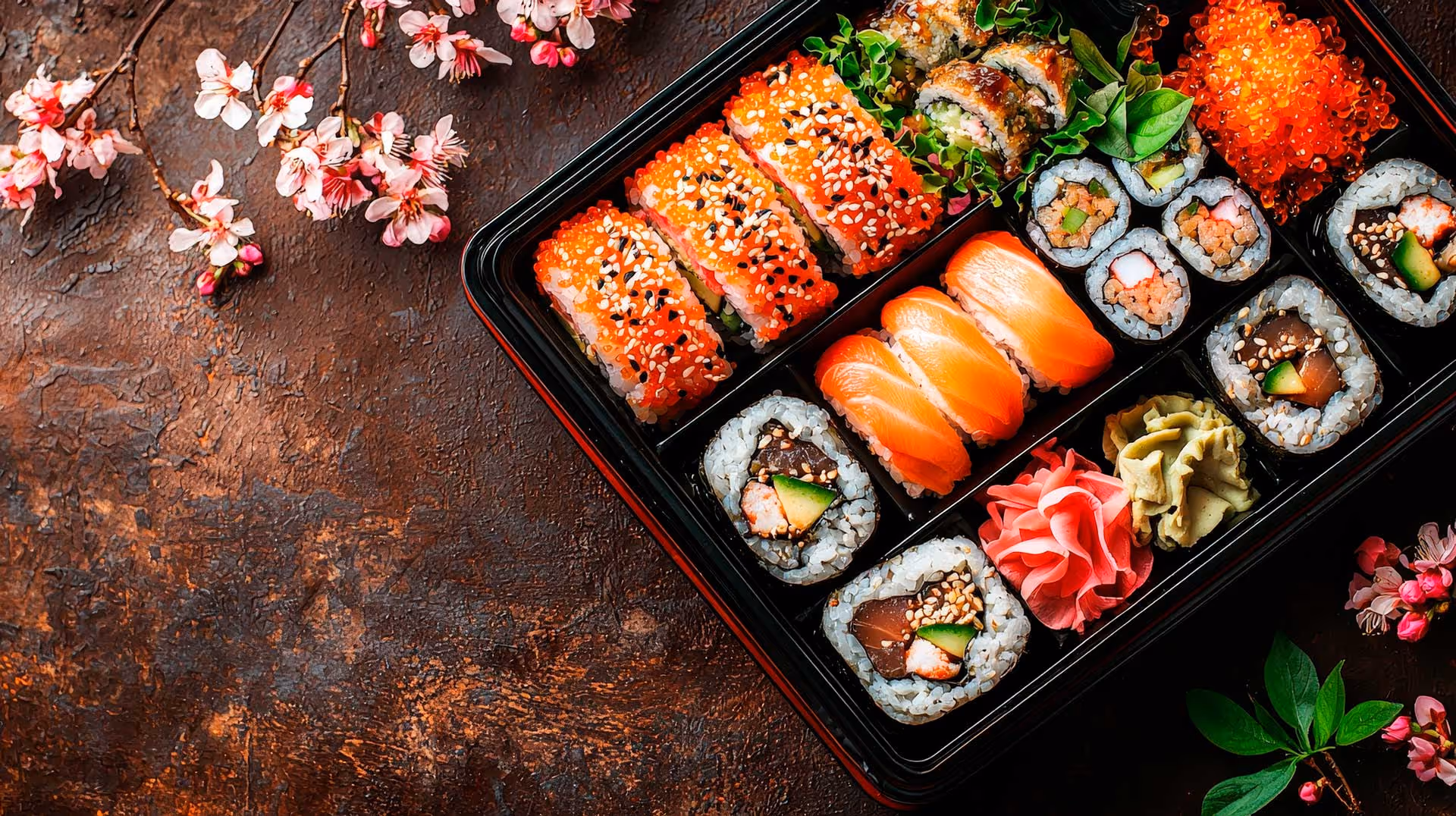 A black container filled with sushi sits atop a wooden table.
