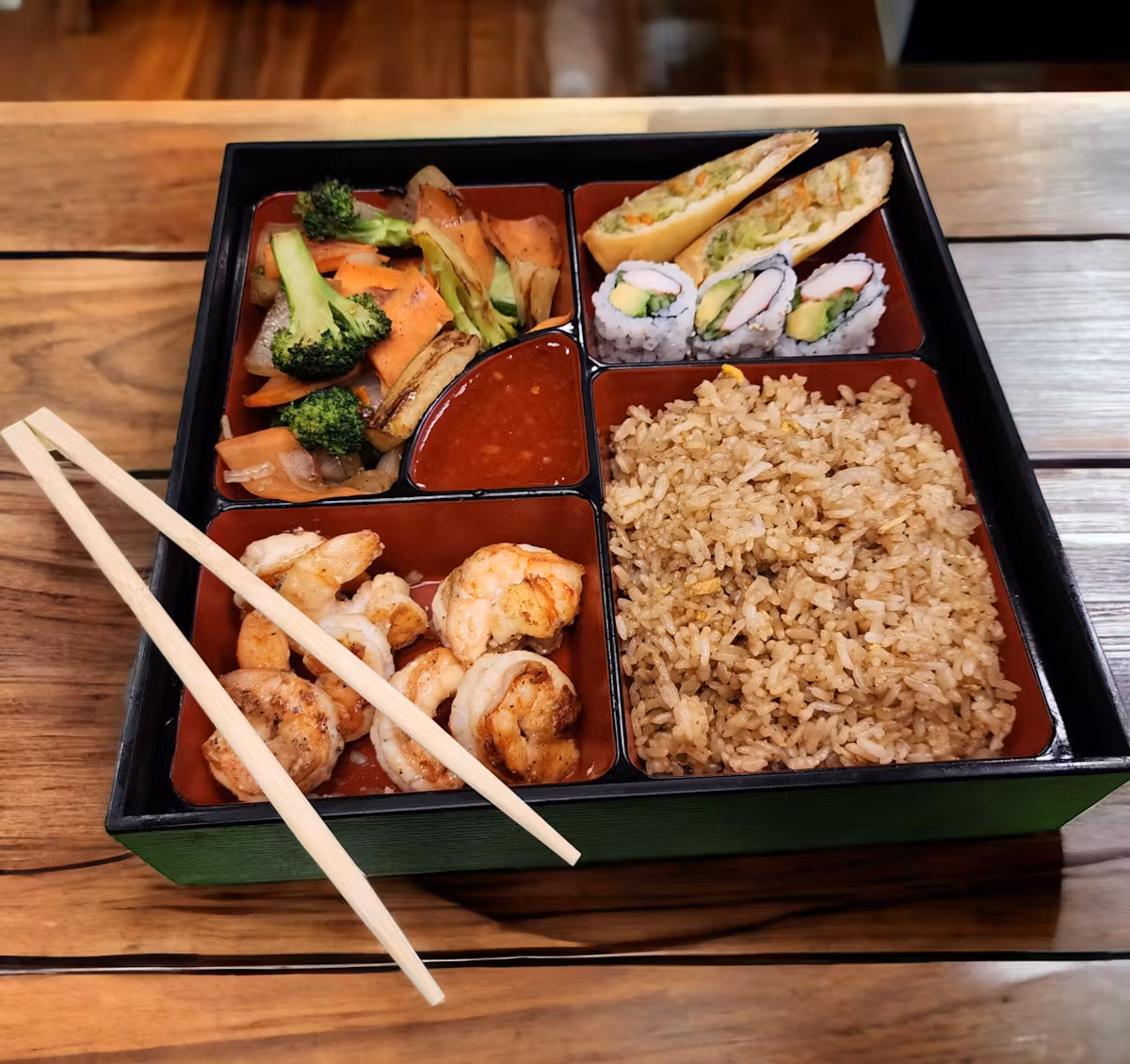 Shrimp Flambe Bento served on a table