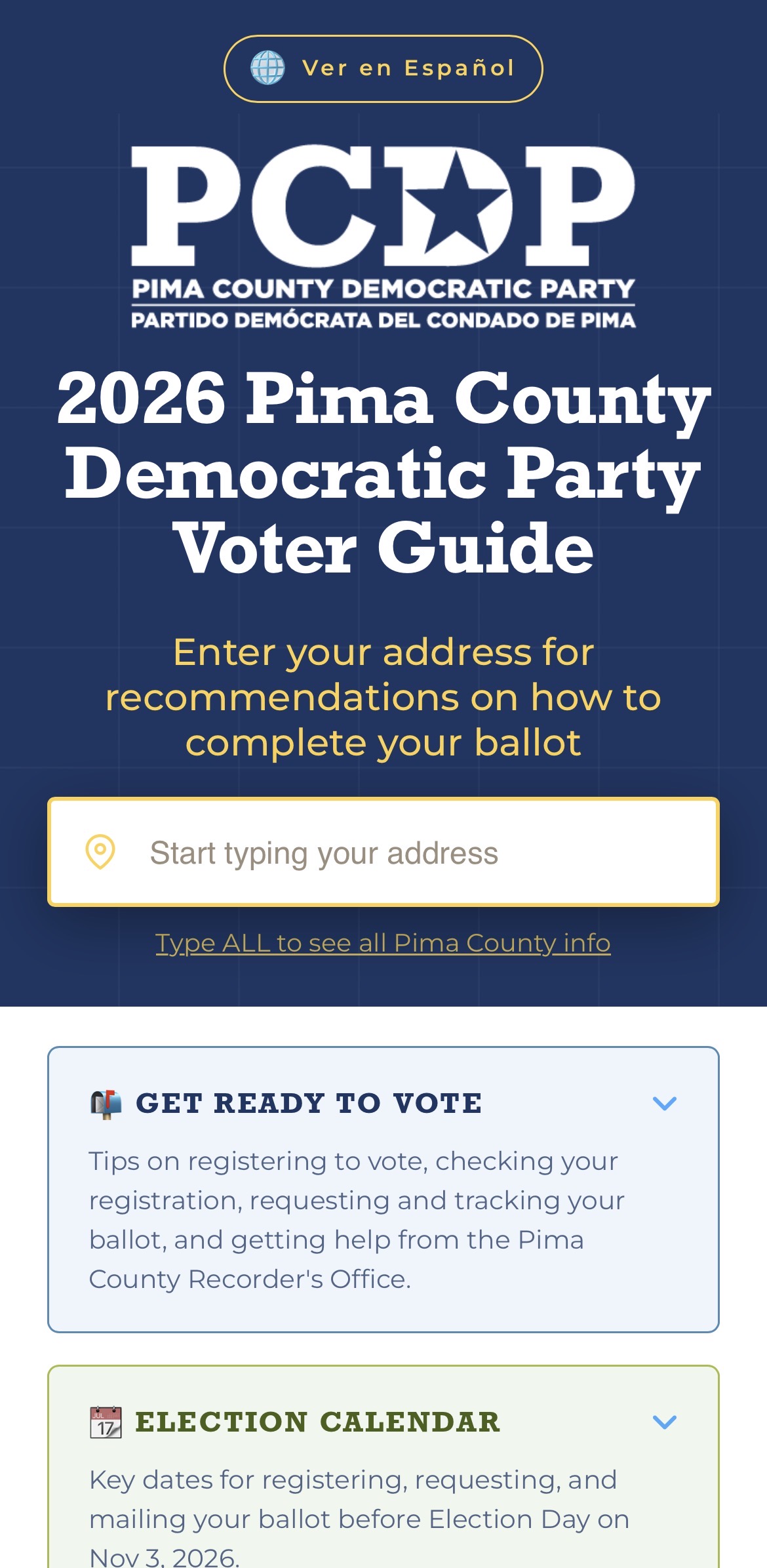PimaVote.com on a phone: the 2026 Pima County Democratic Party Voter Guide with an address lookup box