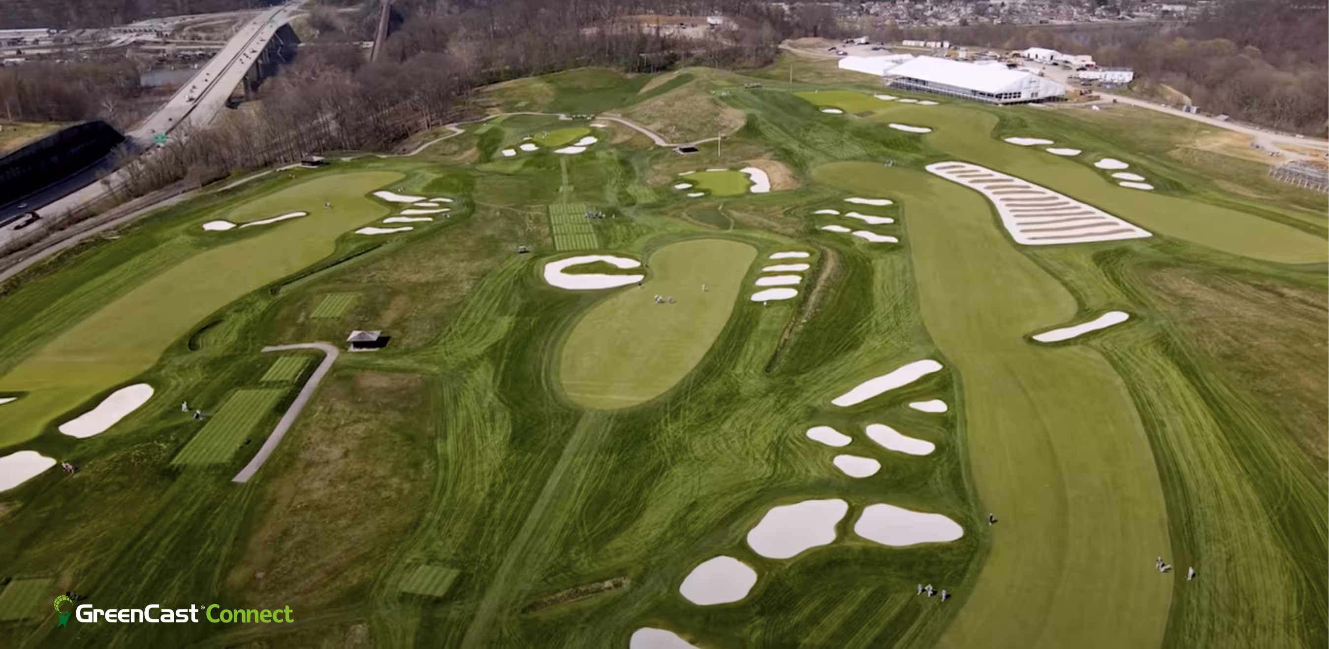 Aerial view of a golf hole at Oakmont Country Club with its distinctive bunkering