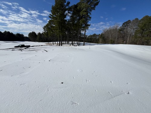 Green 4 under snow and an ice cap in February 2026
