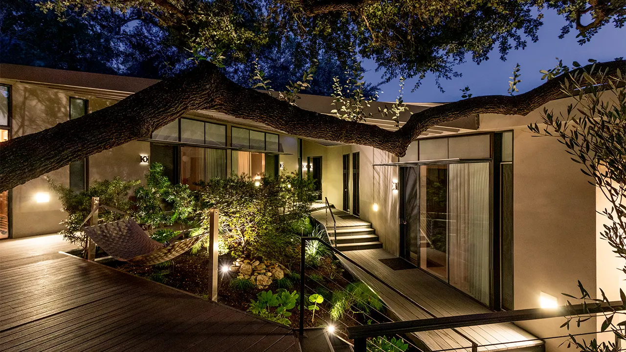 Treehouse Deck Night to Garden