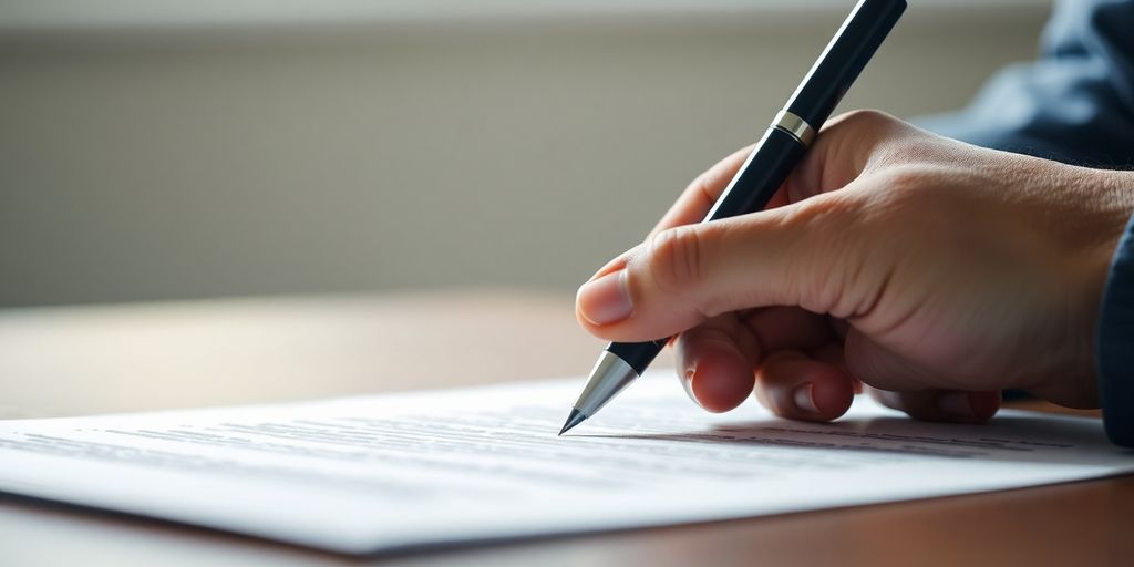 Hand signing a contract with a pen.