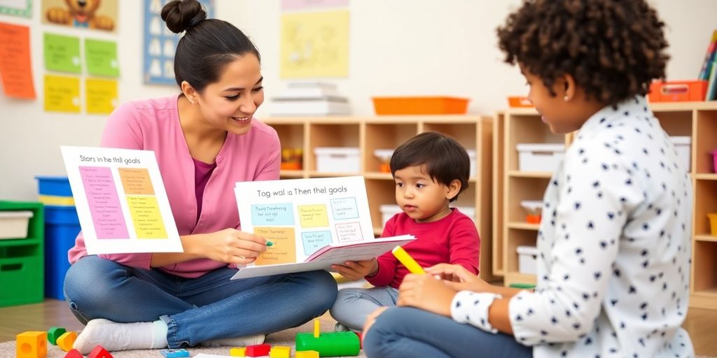 Therapist and child collaborating in a bright therapy session.