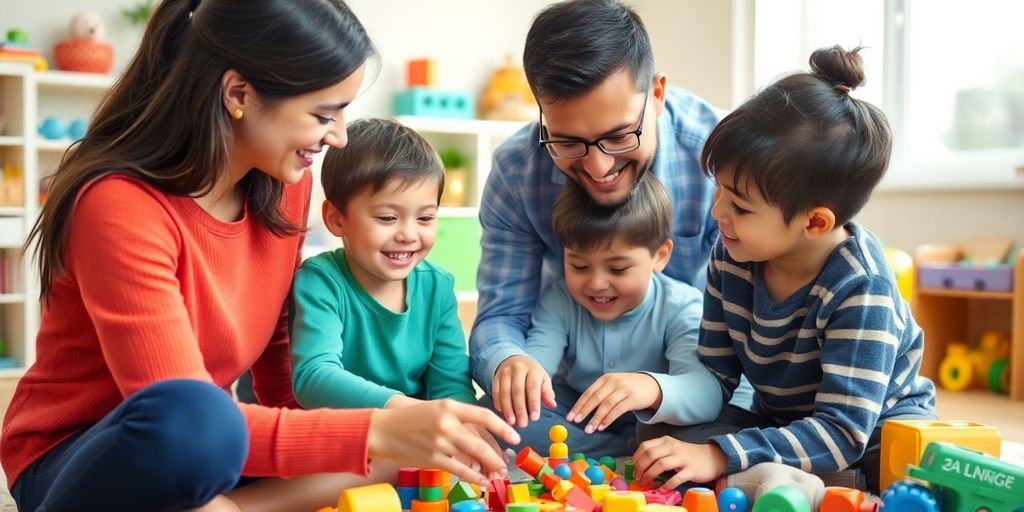 Family participating in playful therapy session with child.
