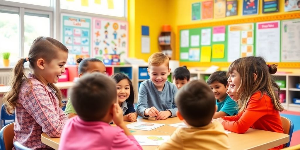 Children in a classroom using visual aids for learning.