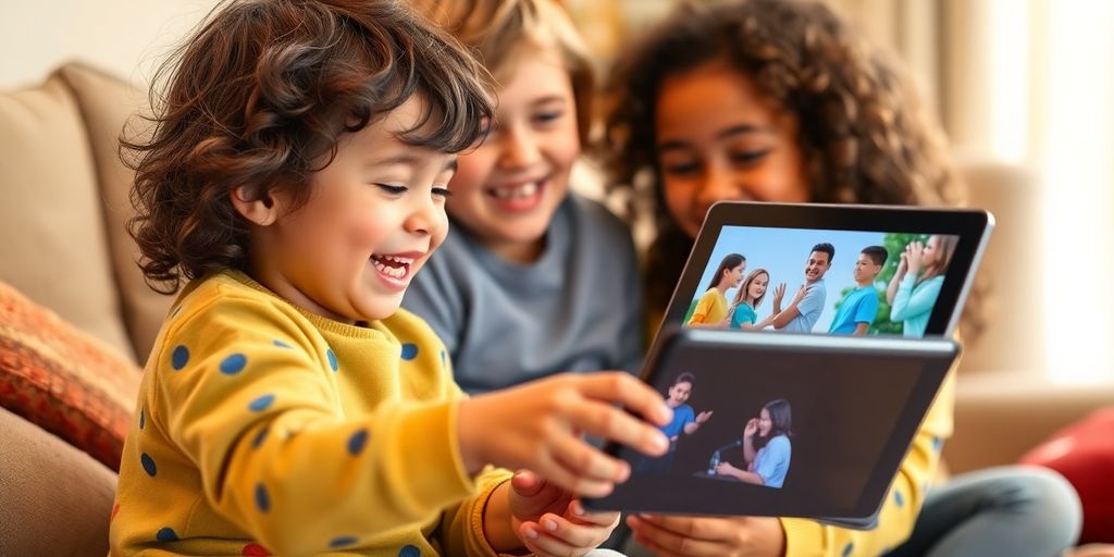 Child with autism playing with peers and watching videos.