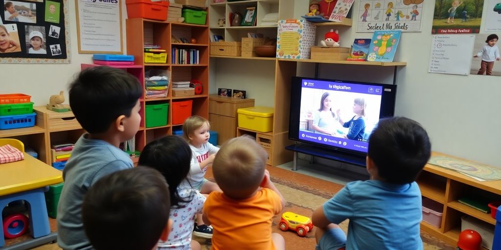 Children watching a video to learn social skills.