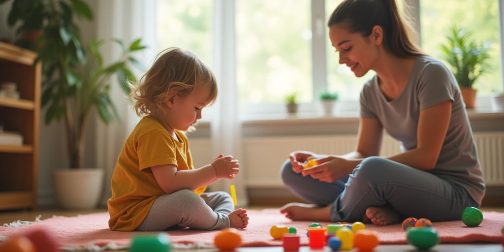 Child with therapist in a bright, inviting therapy room.