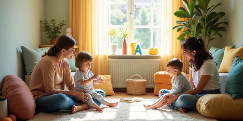 Child-friendly therapy room with soft toys and bright colors.
