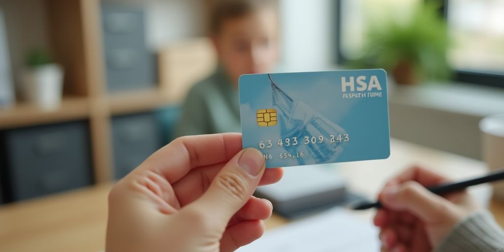 HSA card in hand with a home office background.