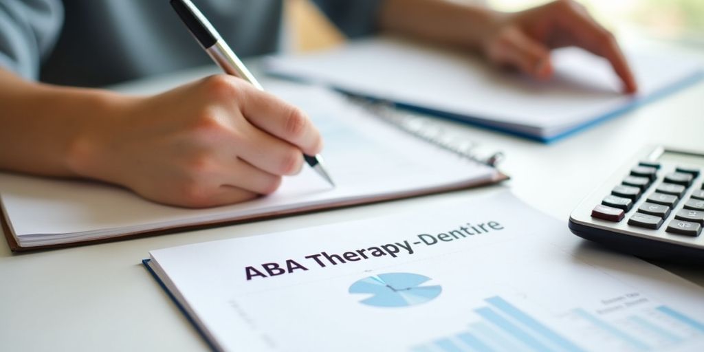 Person budgeting for ABA therapy with calculator and documents.