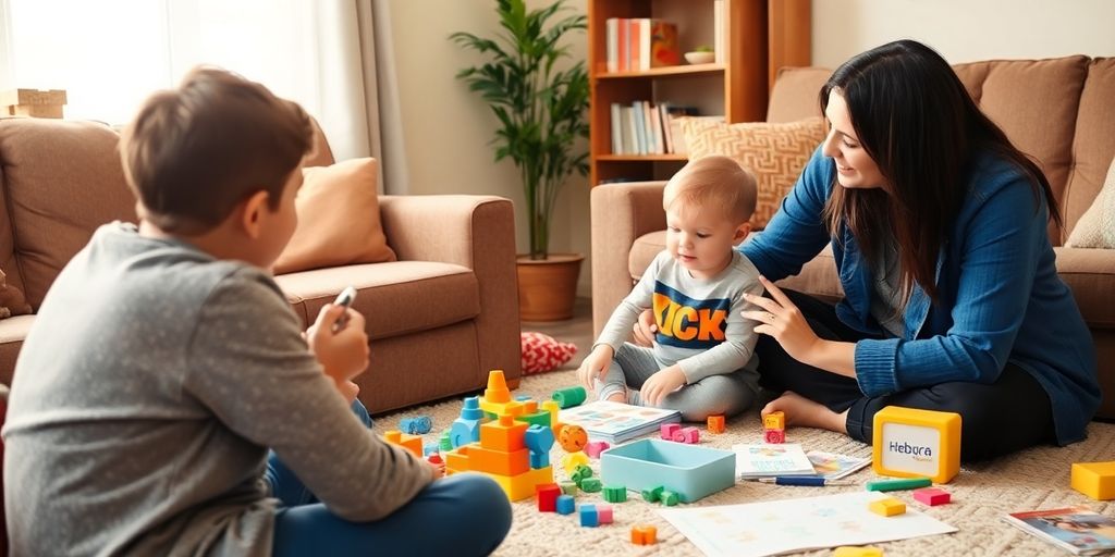 Child playing with therapist in a bright living room.