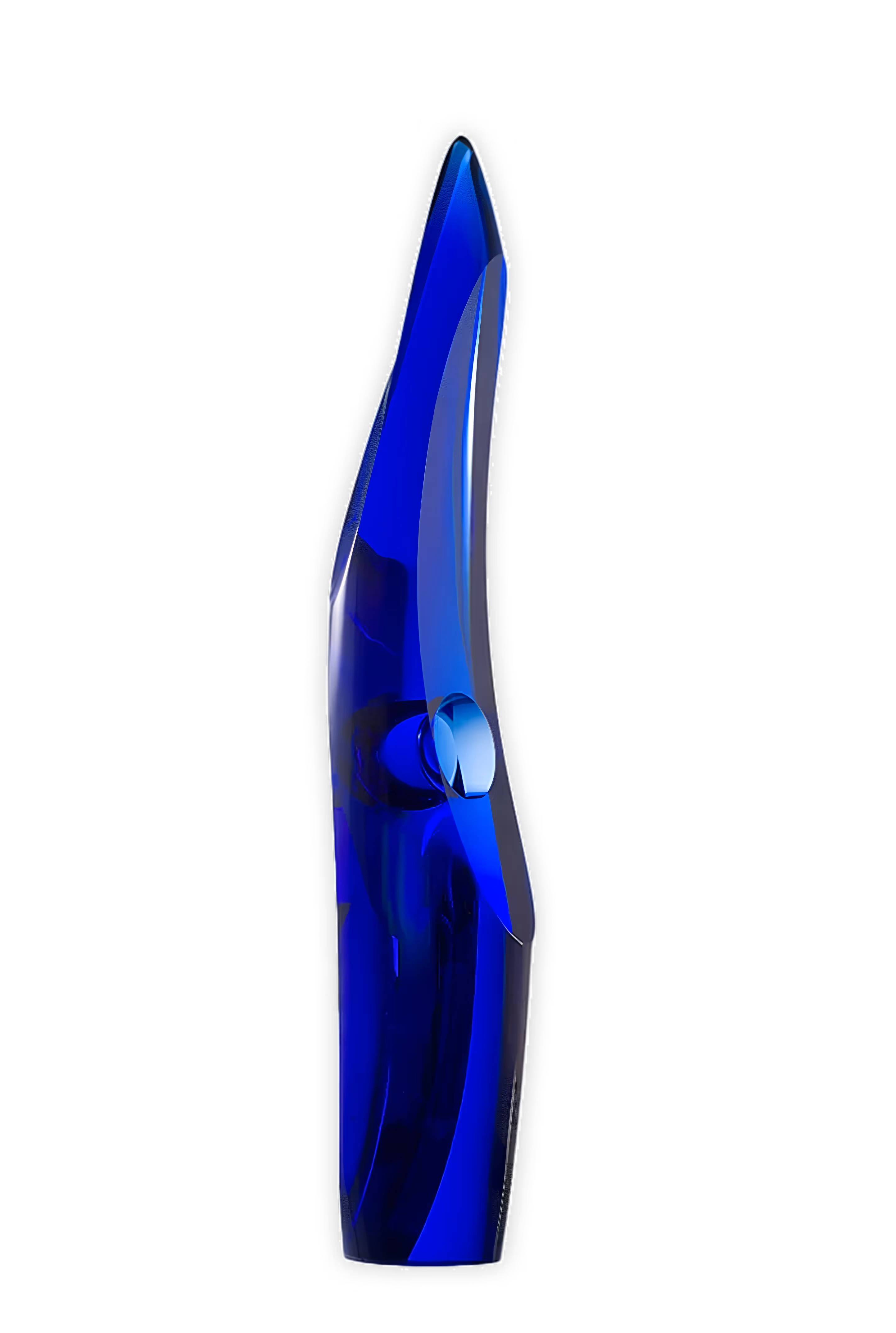 Tall blue glass sculpture titled "Eminence", featuring a sleek, minimal form with a reflective surface.

