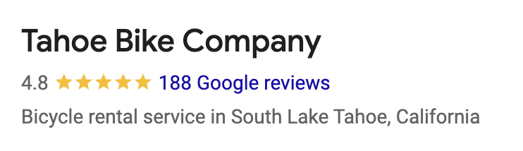 Tahoe Bike Company with 4.8-star rating and 188 Google reviews, bicycle rental in South Lake Tahoe.
