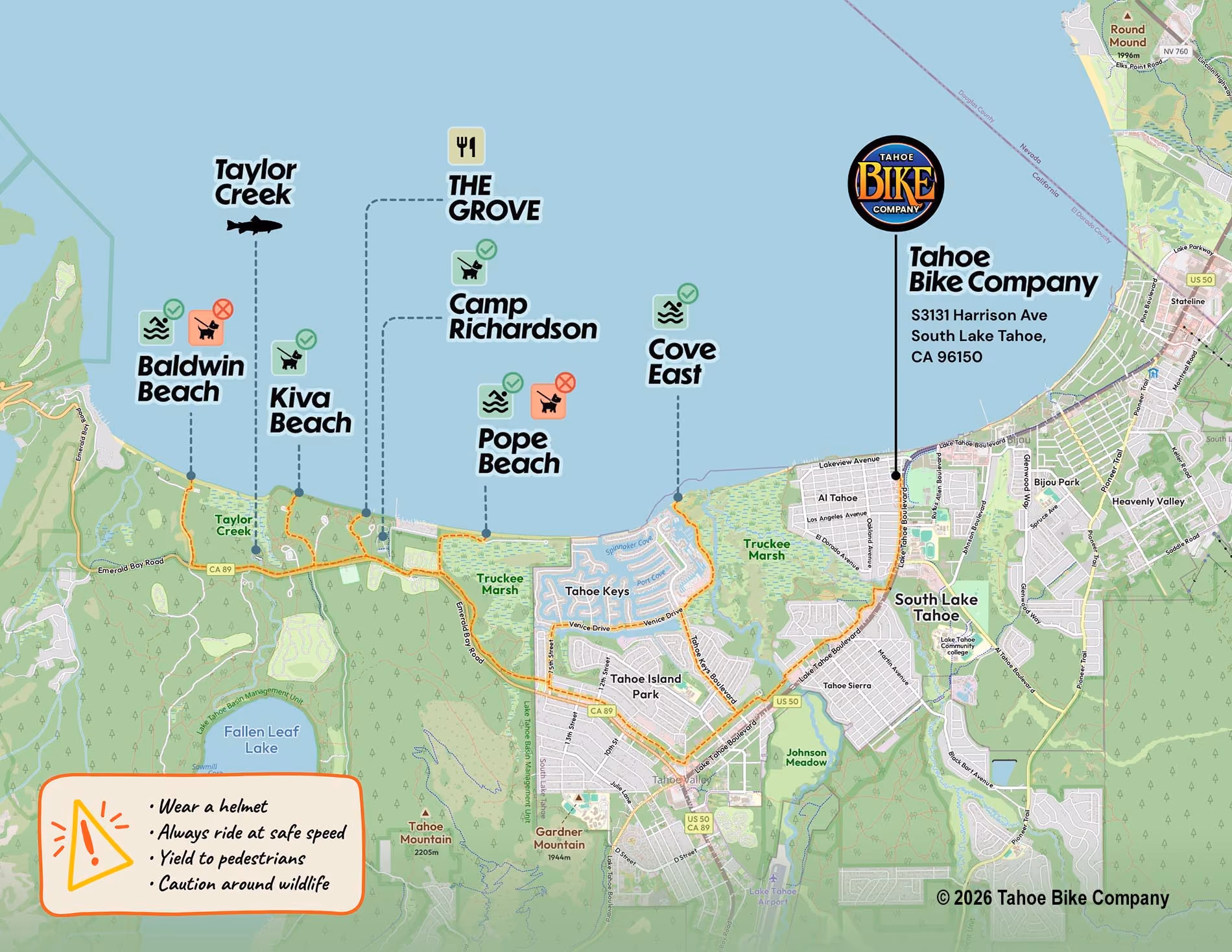 Map of South Lake Tahoe showing beaches, trails, and Tahoe Bike Company location with safety reminders.