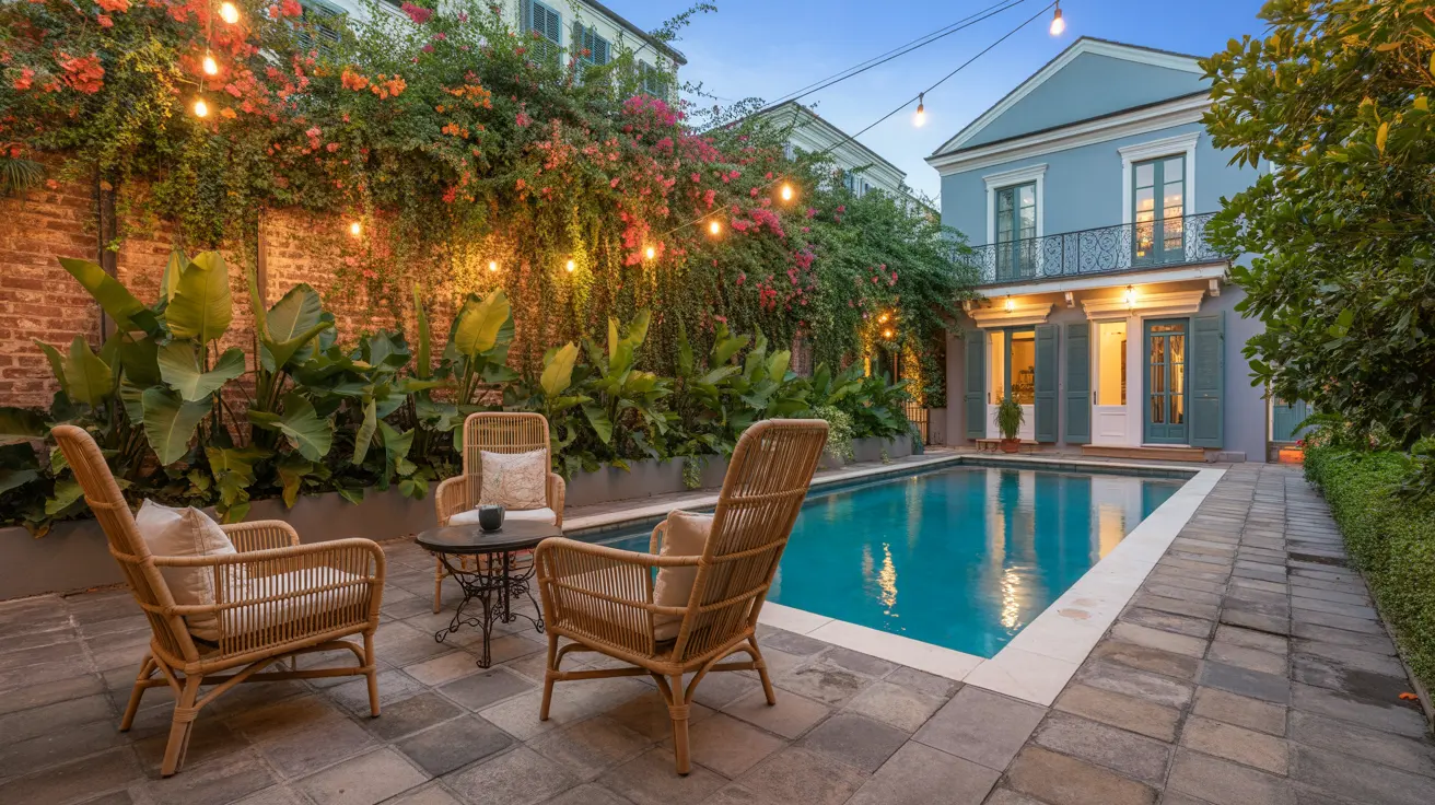 a pool with chairs and a table in front of a house