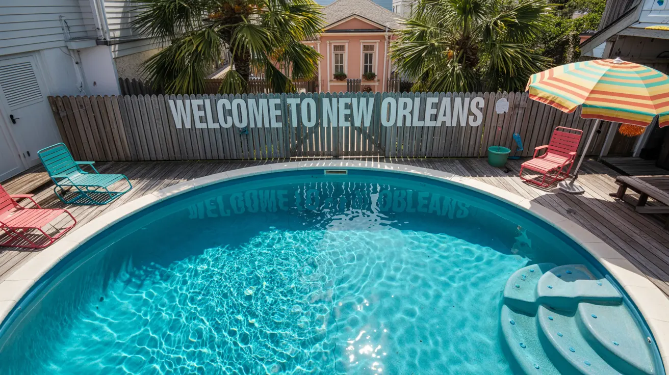 a pool with a fence and palm trees